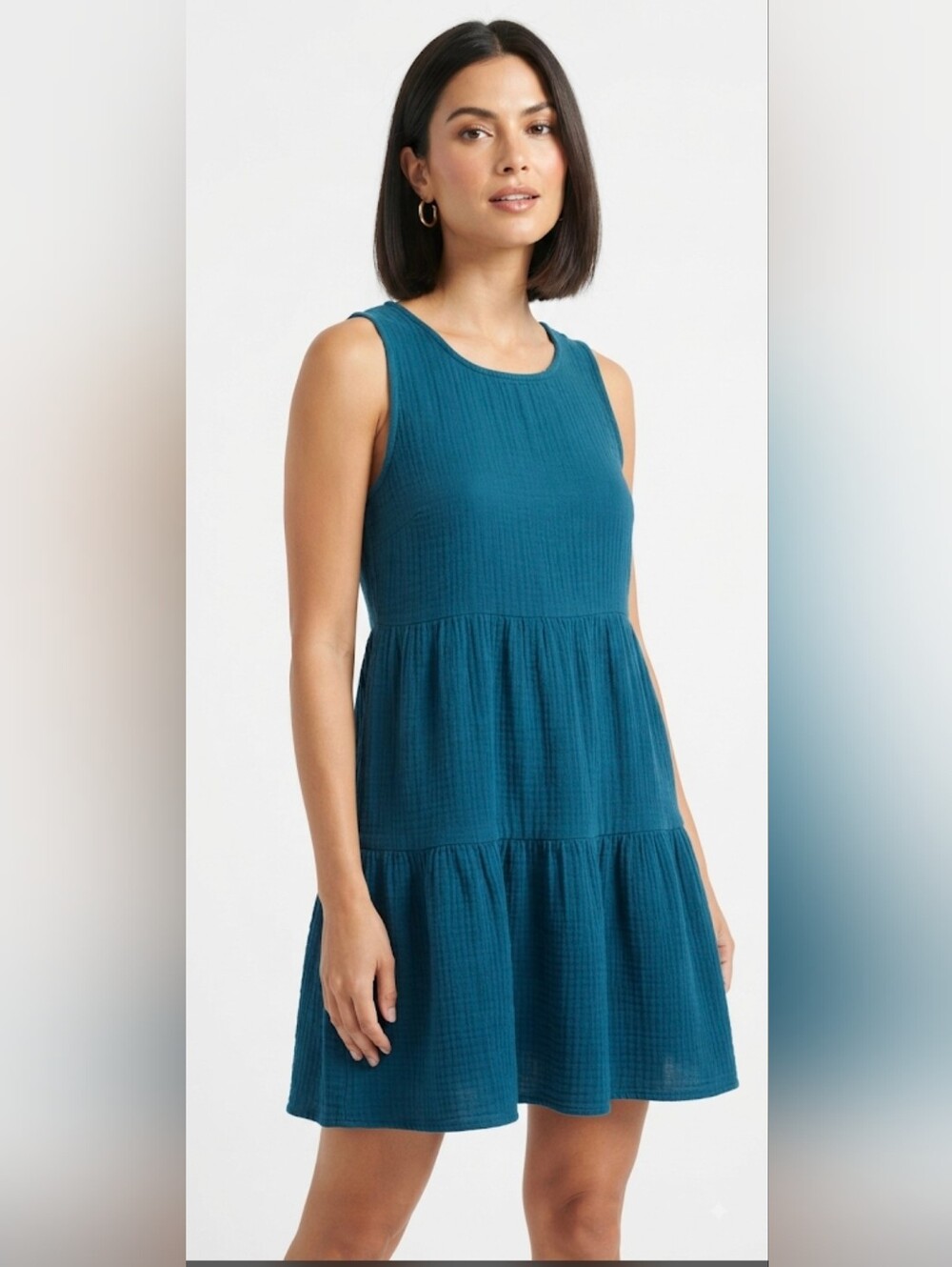 Sleeveless Tiered Cotton Dress in Teal Blue Size Xs